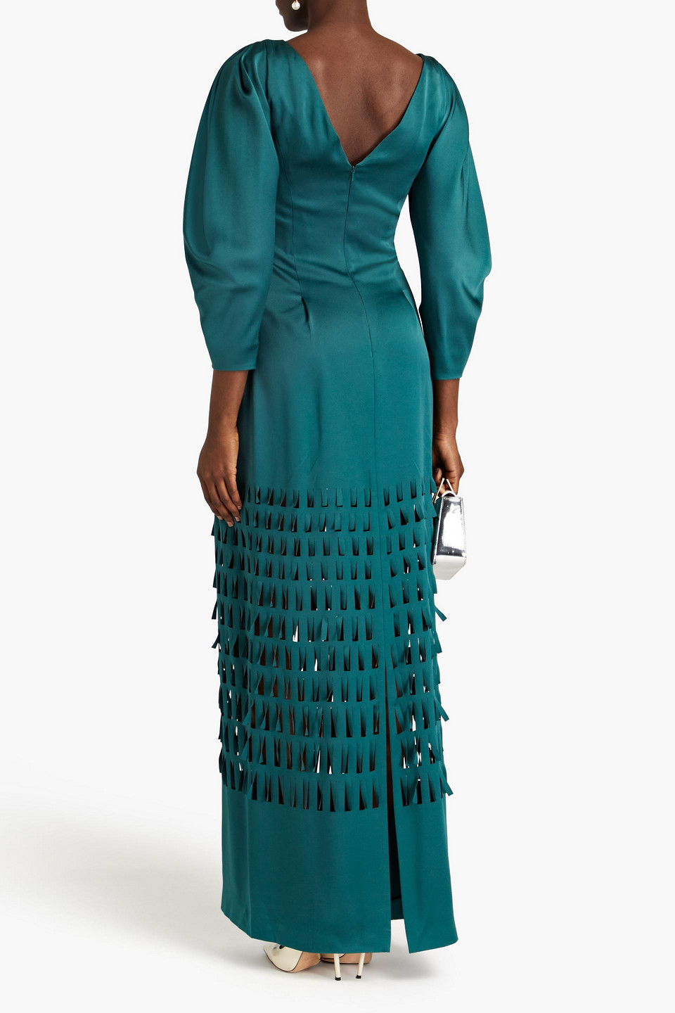 Alberta Ferretti Fringed Laser-cut Satin-crepe Gown In Emerald