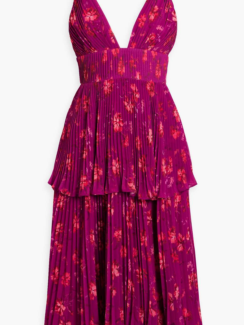 pleated tiered crepe de chine midi dress