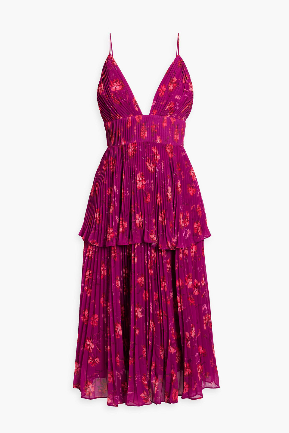 Shop Amur Pleated Tiered Crepe De Chine Midi Dress In Magenta