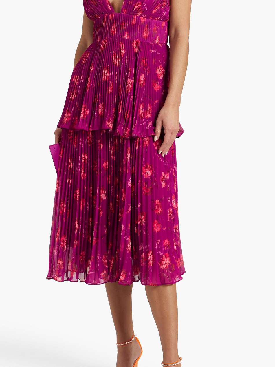 pleated tiered crepe de chine midi dress