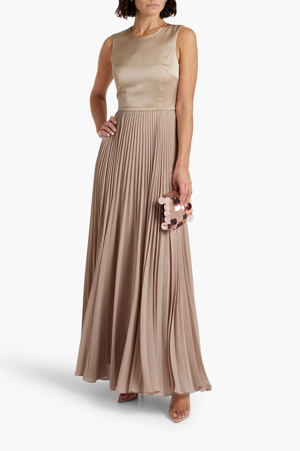 MIKAEL AGHAL Plissiertes Maxikleid aus Chiffon mit Einsätzen aus glänzendem Crêpe