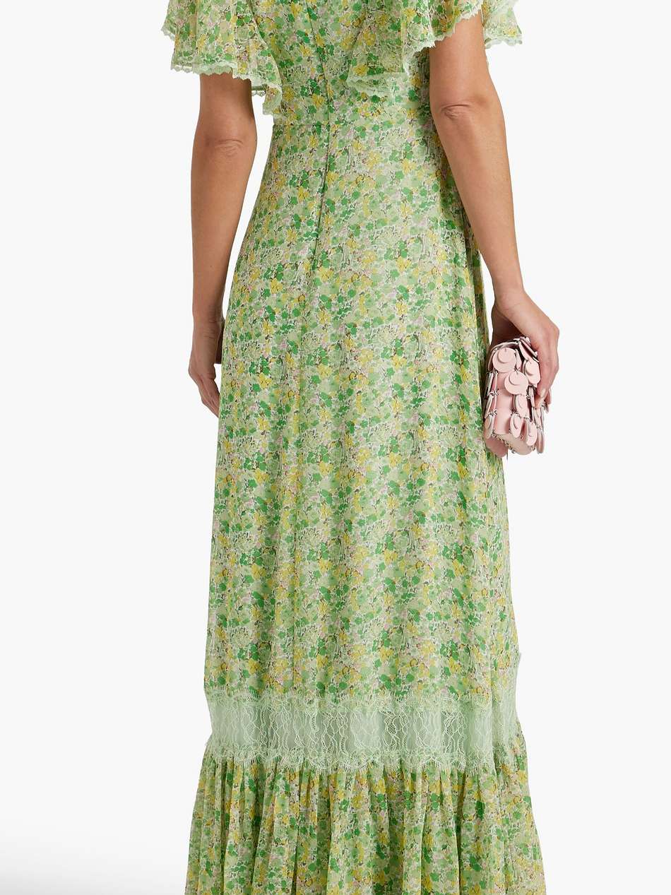 lace-trimmed ruffled floral-print chiffon maxi dress
