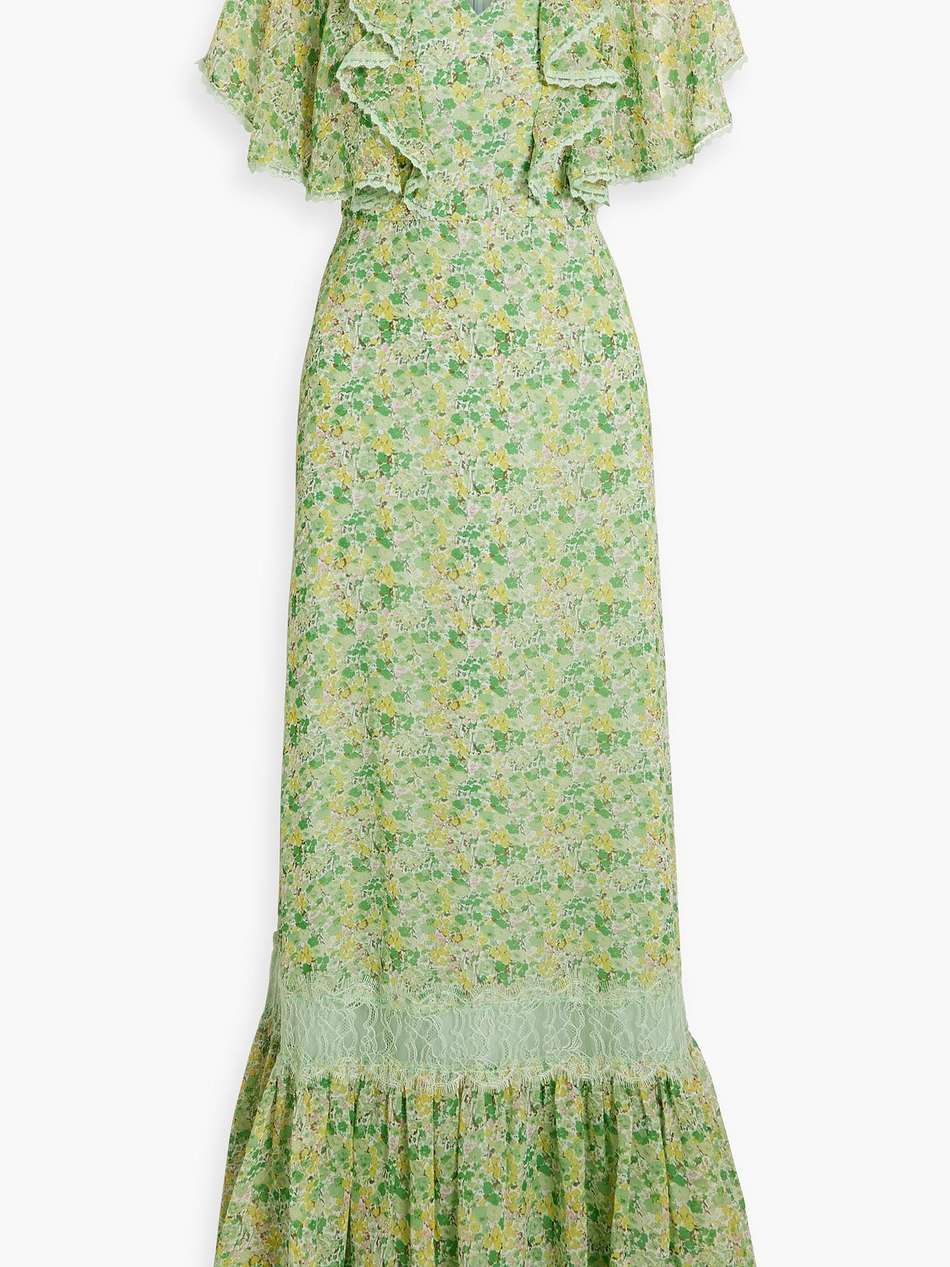 lace-trimmed ruffled floral-print chiffon maxi dress