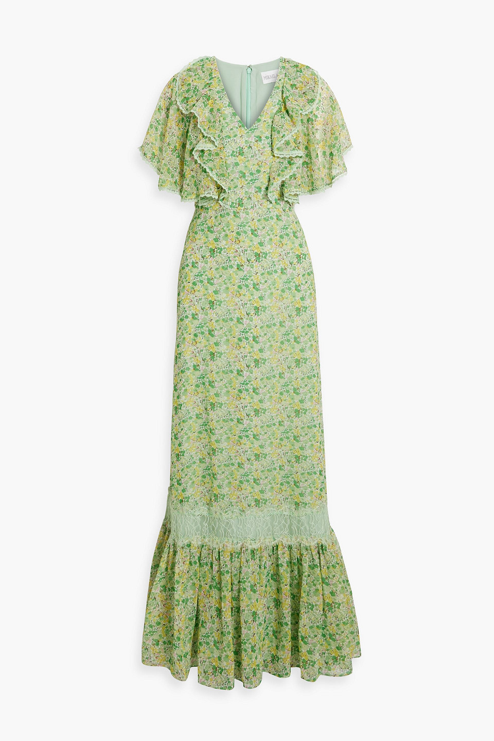 Mikael Aghal Ruffled Lace-trimmed Floral-print Chiffon Maxi Dress In Light Green