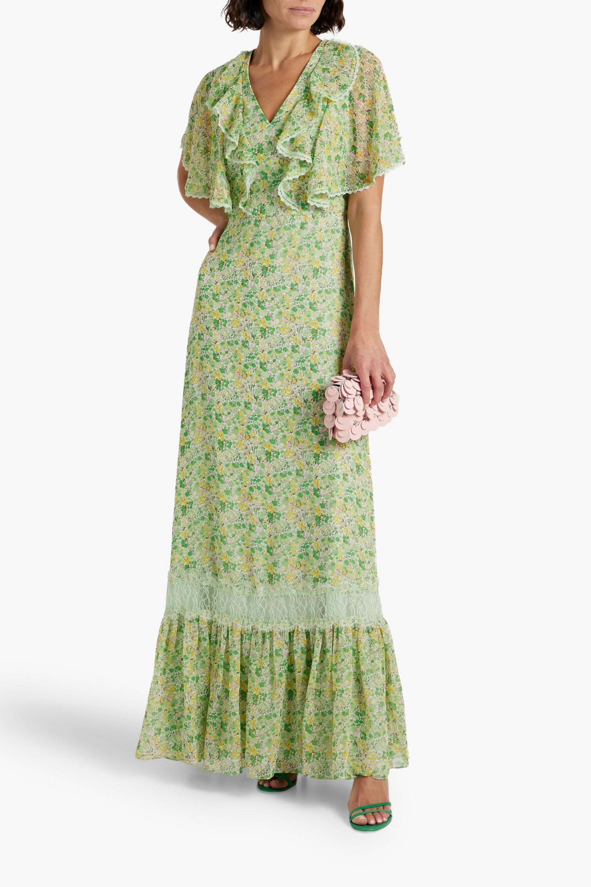 MIKAEL AGHAL Lace-trimmed ruffled floral-print chiffon maxi dress