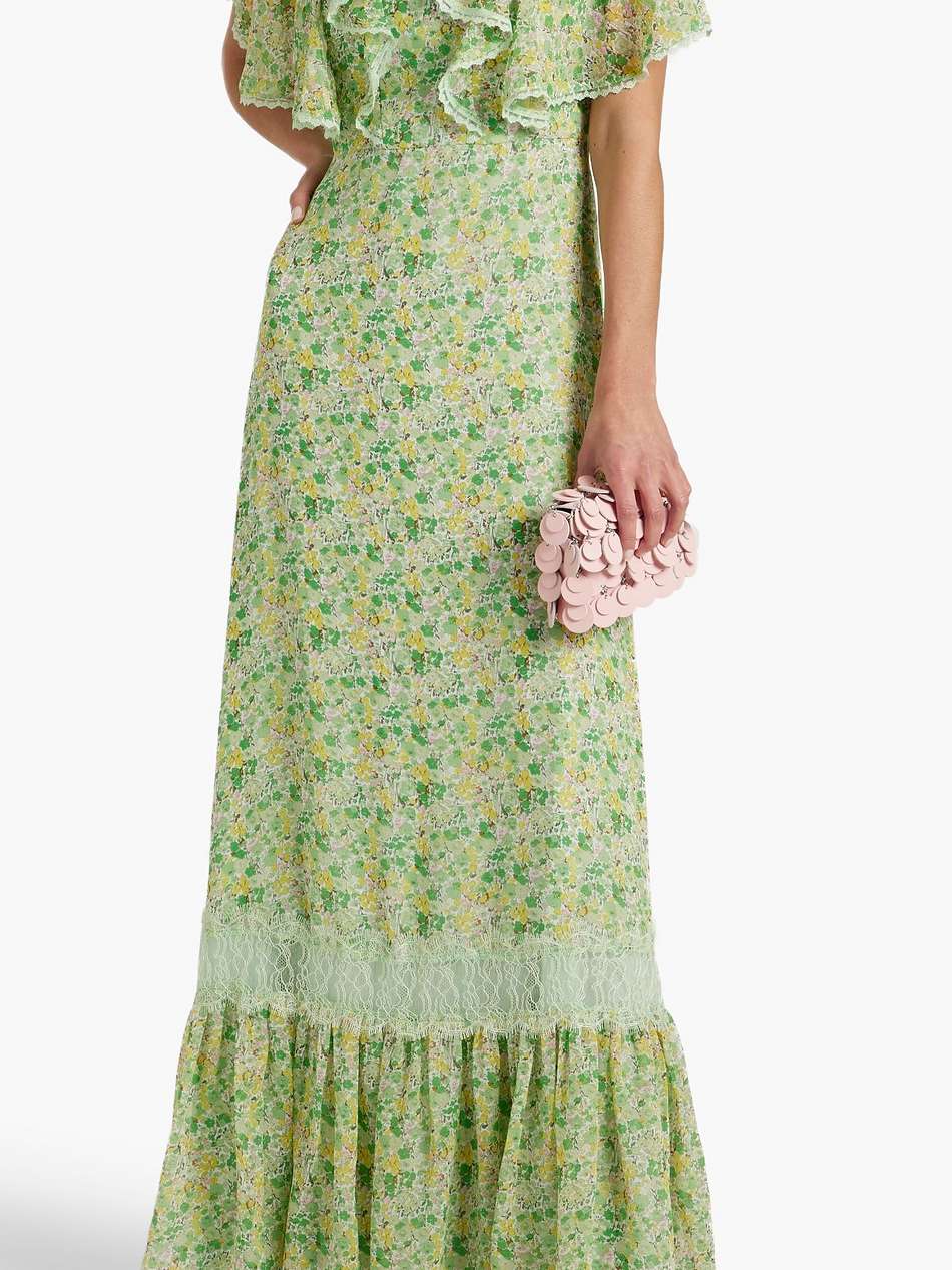 lace-trimmed ruffled floral-print chiffon maxi dress