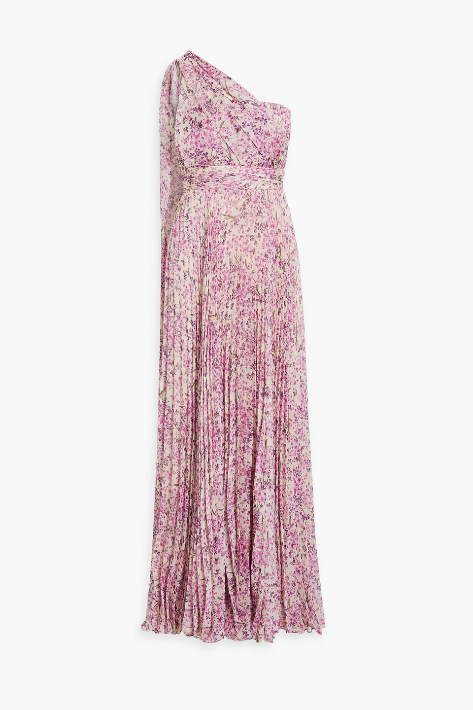 Mikael Aghal One-shoulder Pleated Floral-print Chiffon Maxi Dress In Violet