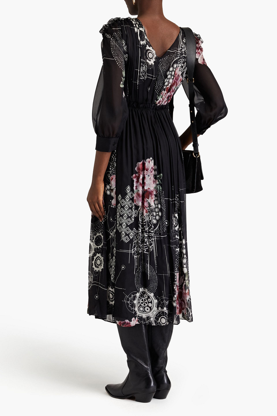 Shop Alberta Ferretti Ruffled Printed Silk-chiffon Midi Dress In Black