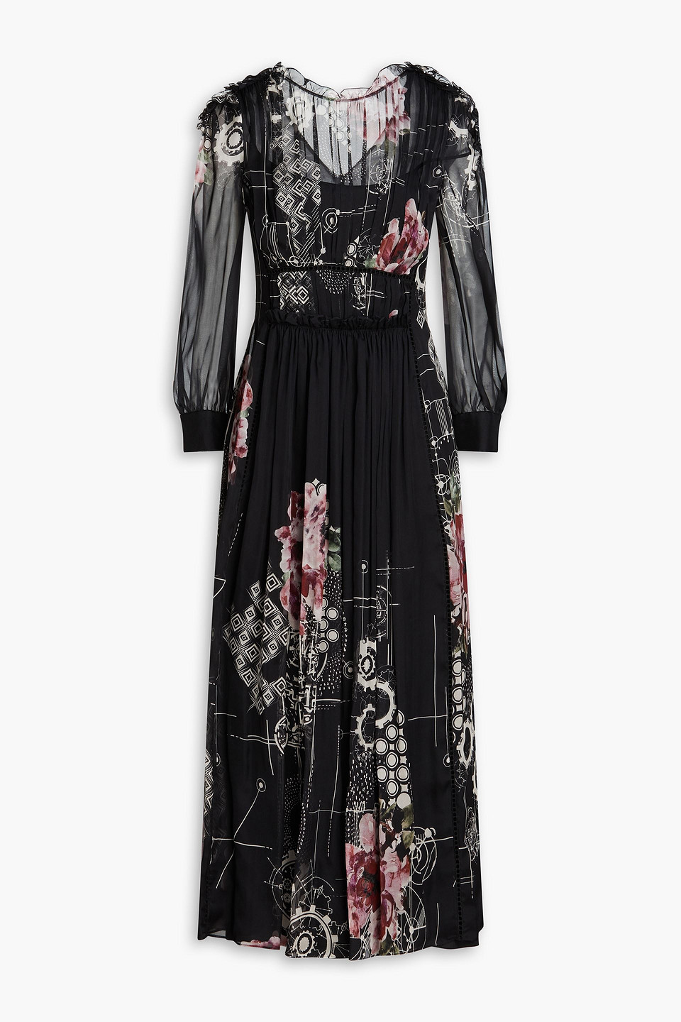 Alberta Ferretti Gathered Printed Silk-chiffon Midi Dress In Black