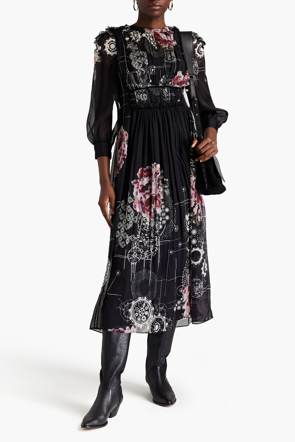 Shop Alberta Ferretti Ruffled Printed Silk-chiffon Midi Dress In Black