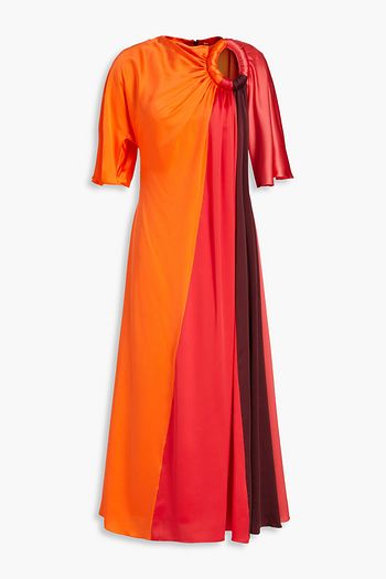 Twisted Front Satin Color Block Midi Dress - Fuchsia/Orange