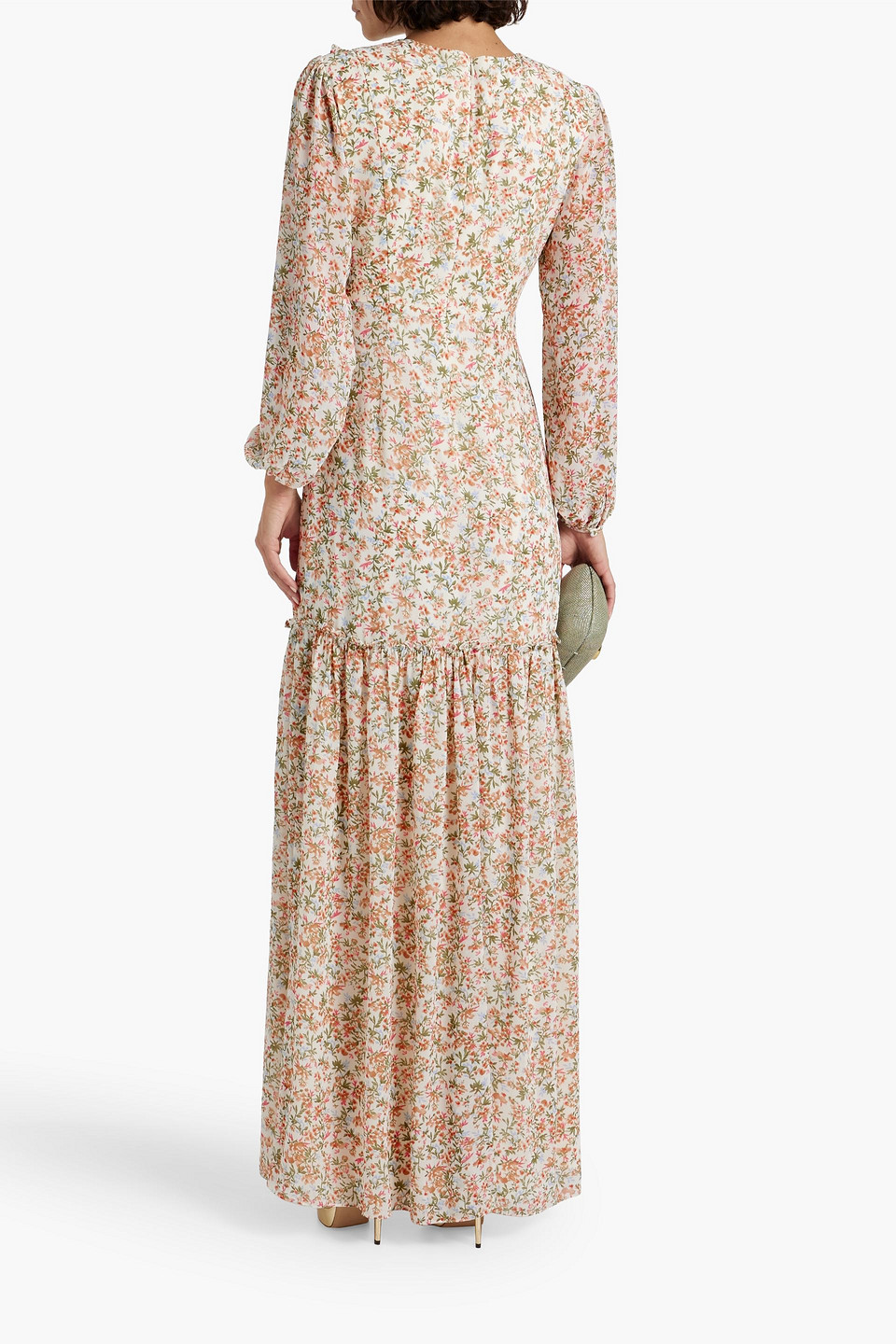 Shop Mikael Aghal Gathered Floral-print Crepe De Chine Maxi Dress In Cream