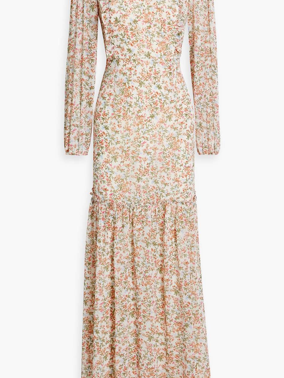 gathered floral-print crepe de chine maxi dress