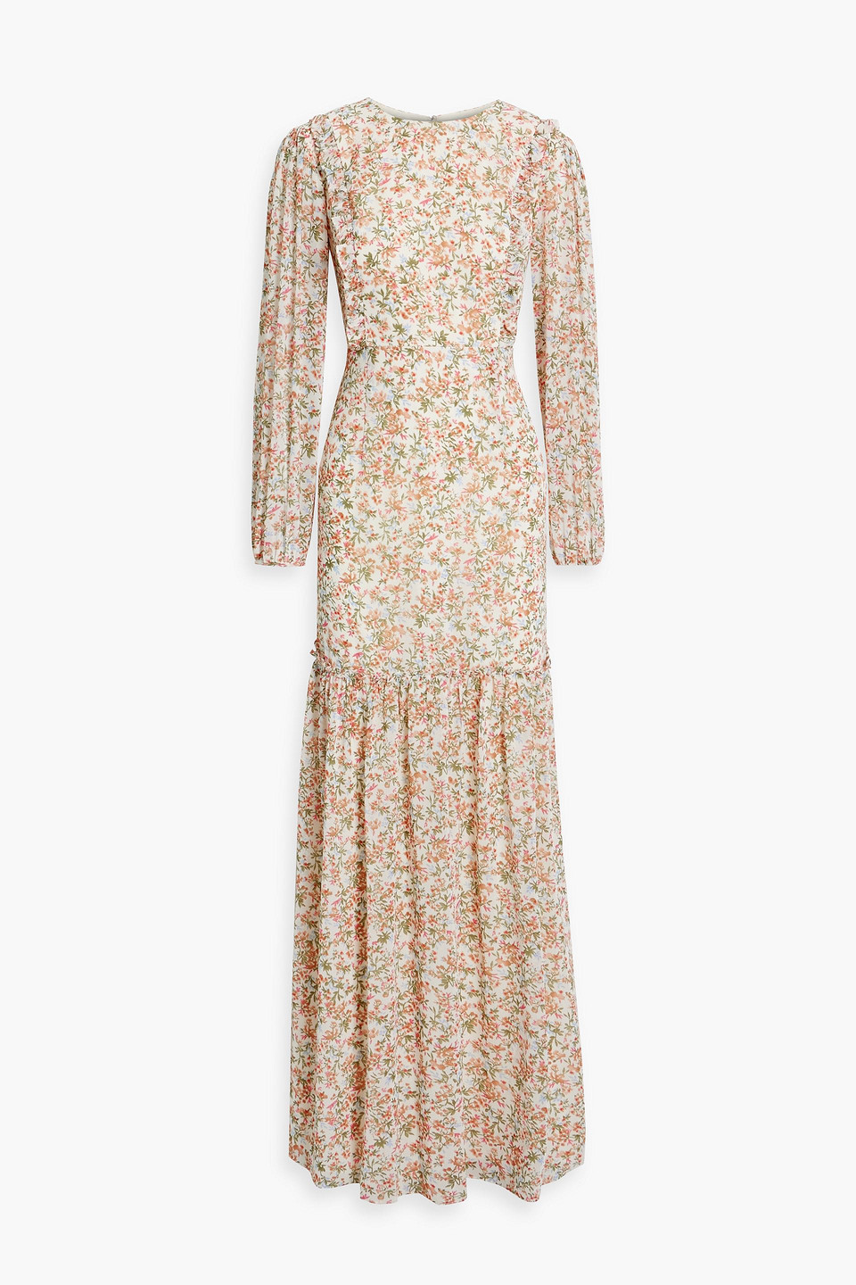 Gathered floral-print crepe de chine maxi dress