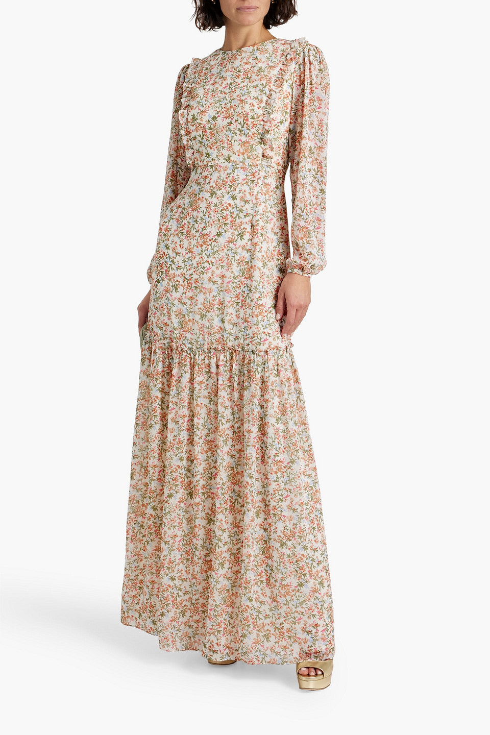 Shop Mikael Aghal Gathered Floral-print Crepe De Chine Maxi Dress In Cream