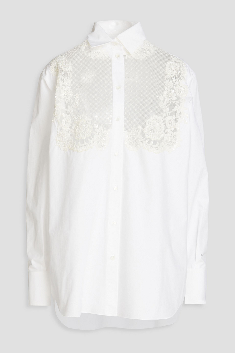 Embellished lace-paneled cotton-poplin shirt