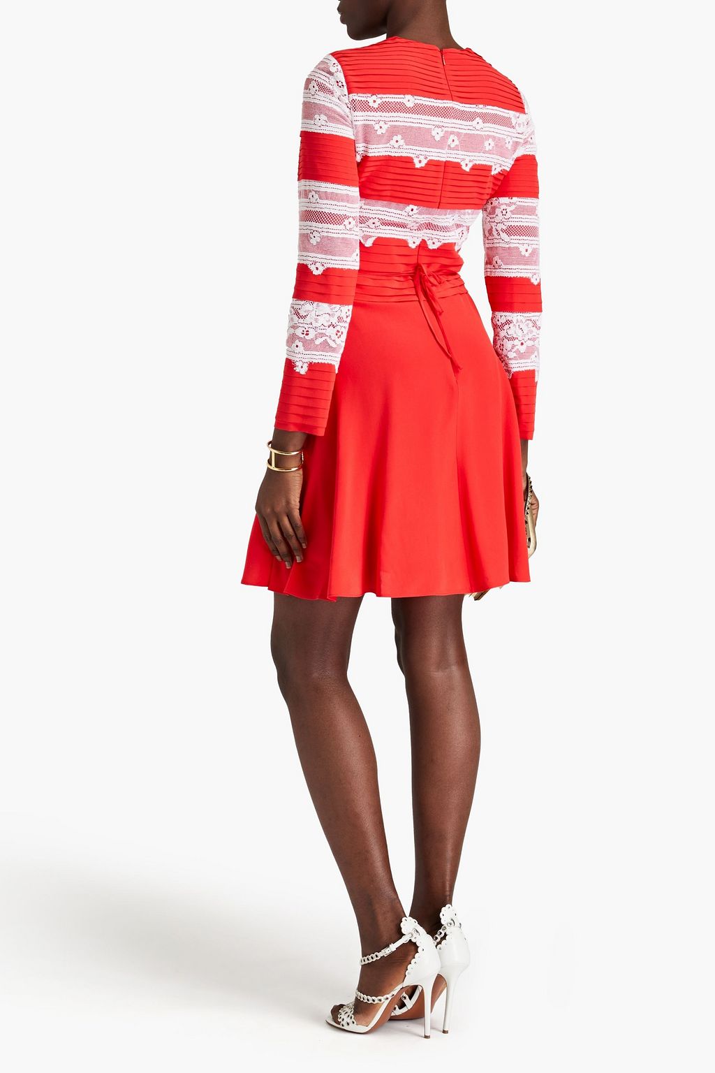 VALENTINO GARAVANI Pintucked Leavers lace-paneled silk-crepe mini dress