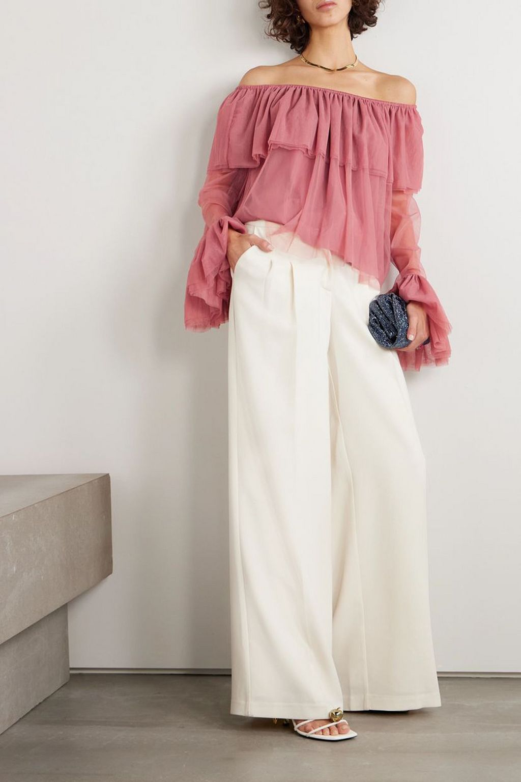 CAROLINE CONSTAS Thelma off-the-shoulder ruffled tulle top