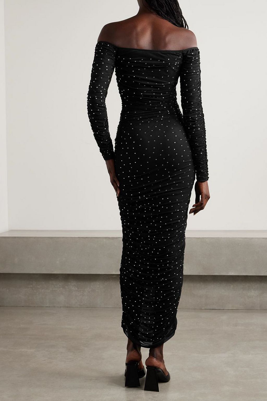 CAROLINE CONSTAS Aria off-the-shoulder crystal-embellished ruched stretch-mesh maxi dress