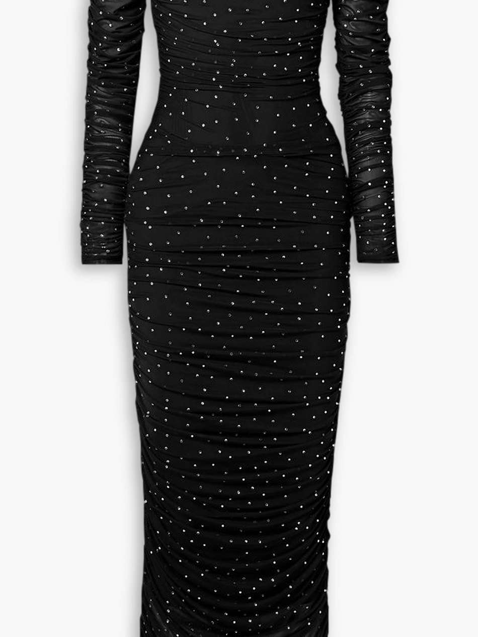 aria off-the-shoulder crystal-embellished ruched stretch-mesh maxi dress