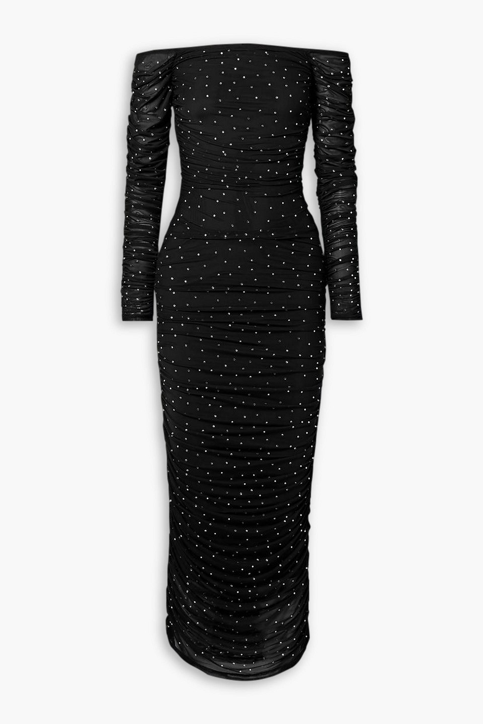 Caroline Constas Aria Off-the-shoulder Crystal-embellished Ruched Stretch-mesh Maxi Dress In Black