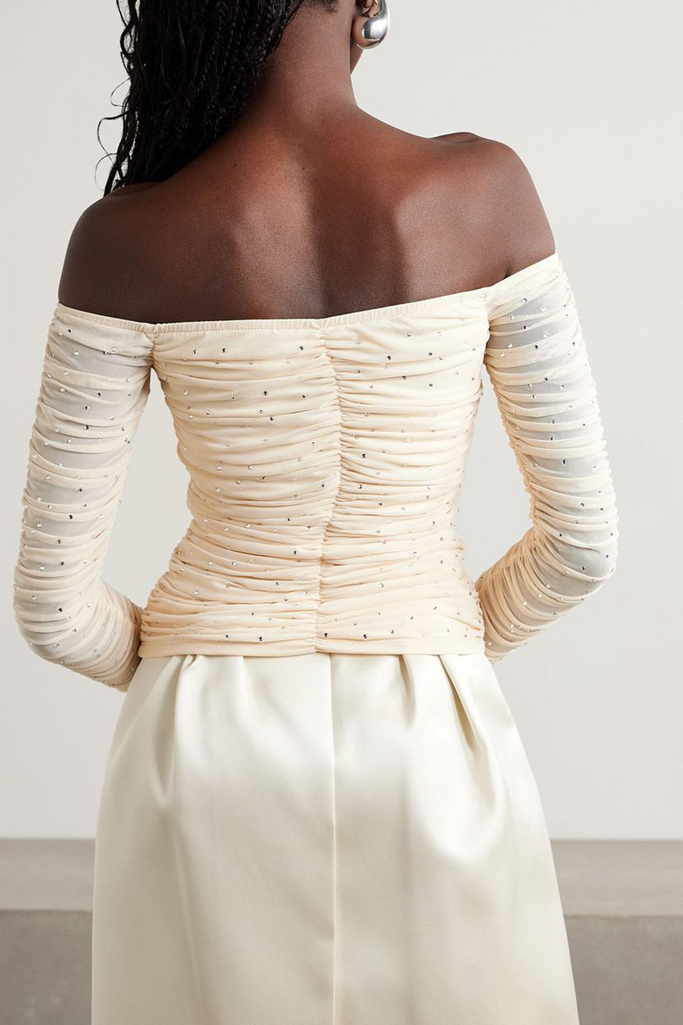 CAROLINE CONSTAS VELMA OFF-THE-SHOULDER CRYSTAL-EMBELLISHED RUCHED STRETCH-MESH TOP