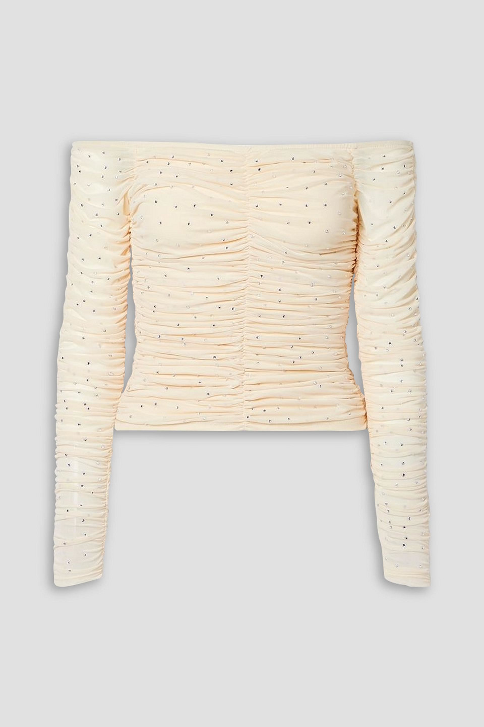 CAROLINE CONSTAS VELMA OFF-THE-SHOULDER CRYSTAL-EMBELLISHED RUCHED STRETCH-MESH TOP