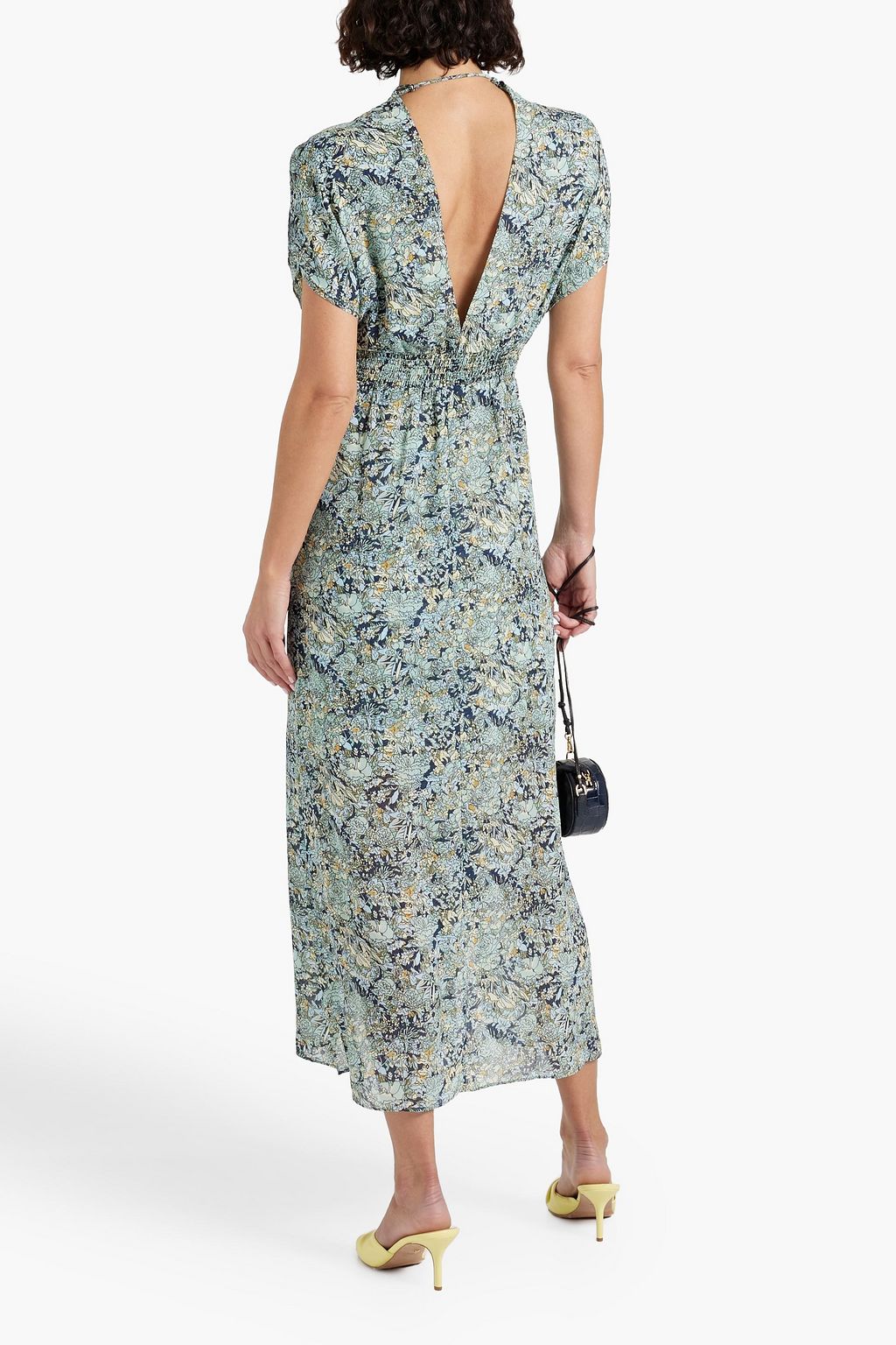 MAJE Shirred floral-print crepe midi dress