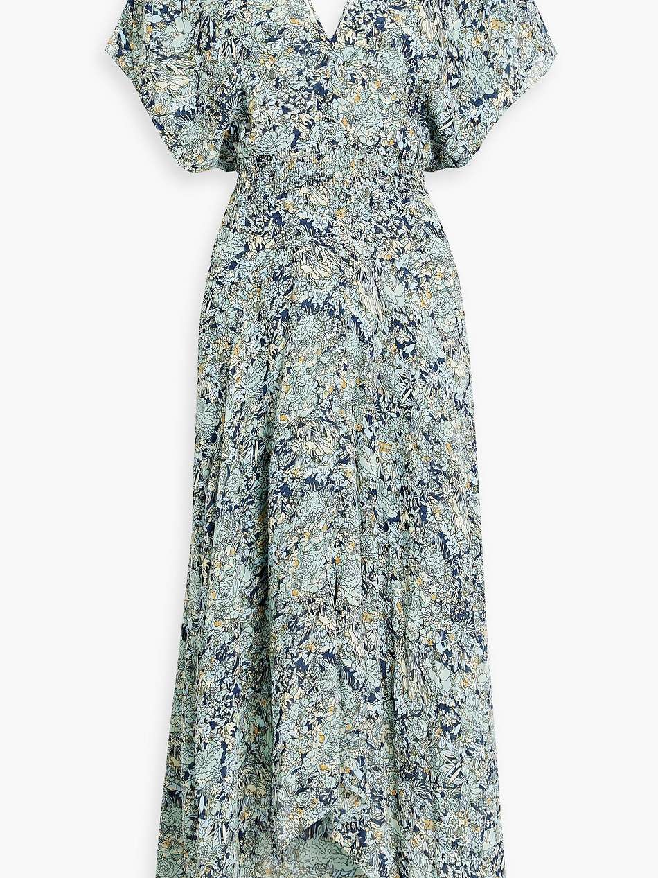 shirred floral-print crepe midi dress