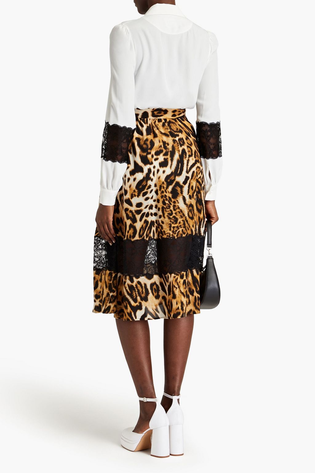 BOUTIQUE MOSCHINO Lace-trimmed leopard-print silk crepe de chine midi skirt