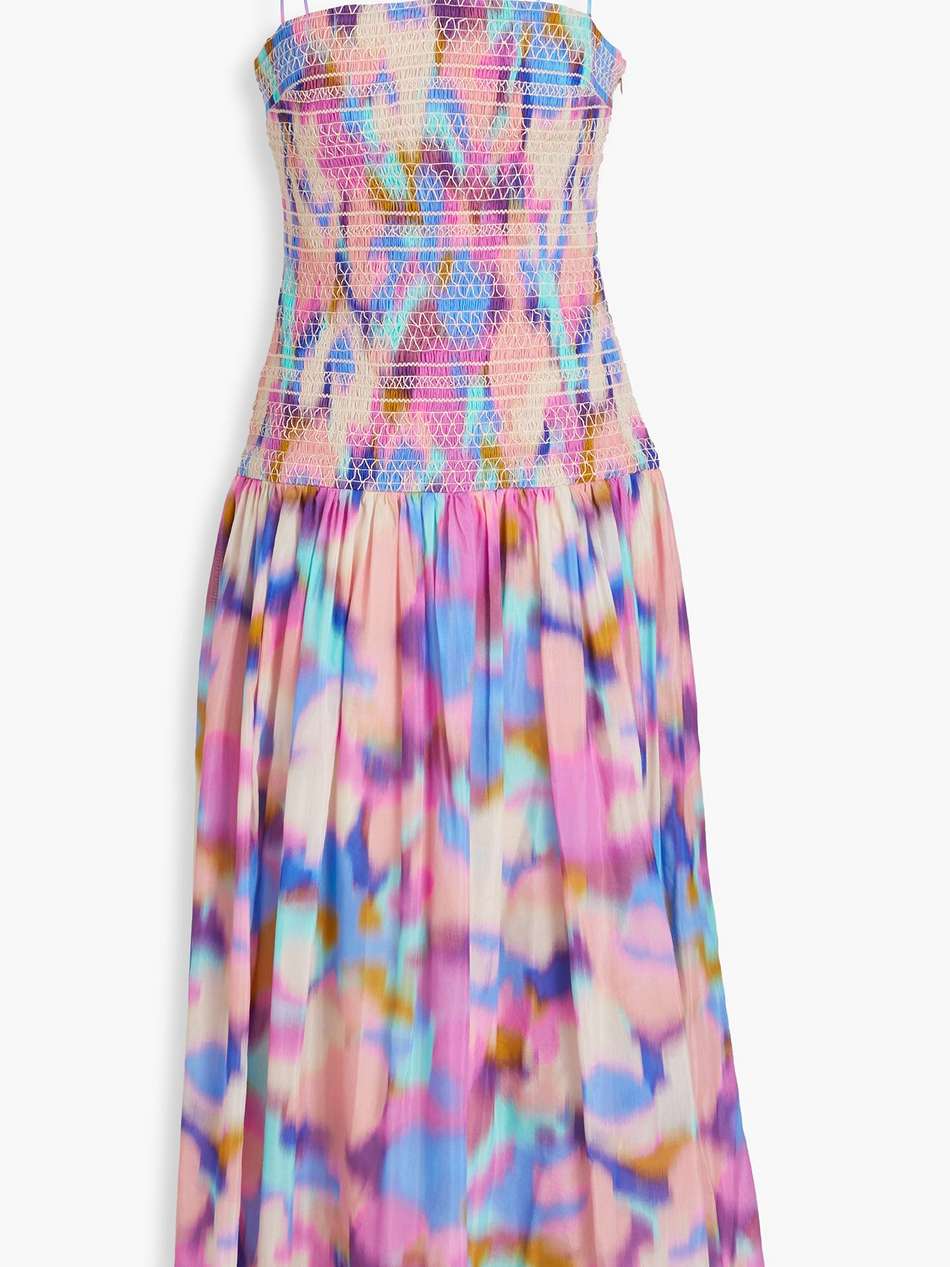 rylie smocked printed cotton and silk-blend voile midi dress