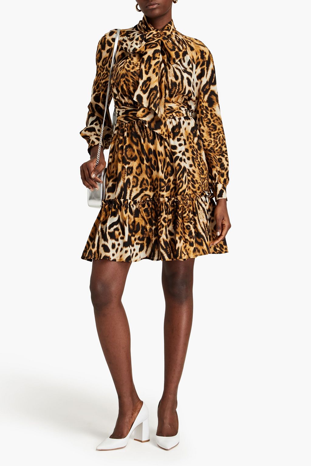 BOUTIQUE MOSCHINO Pussy-bow leopard-print silk crepe de chine mini dress