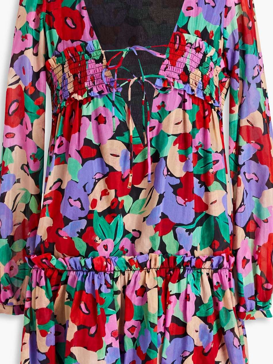 brynn shirred floral-print cotton and silk-blend voile mini dress