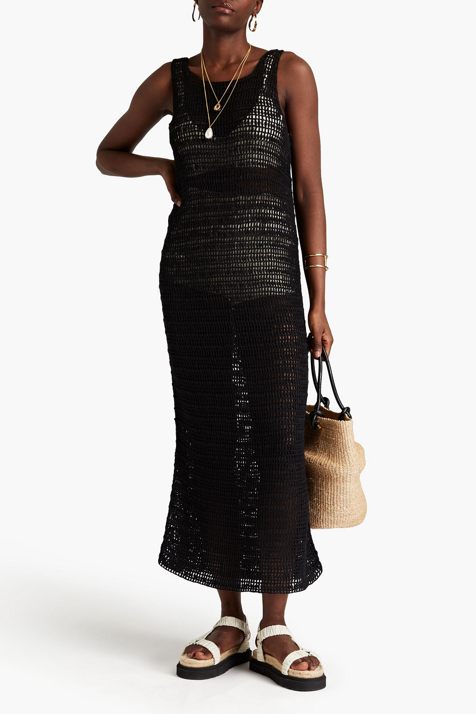 Shop Le Kasha Shali Crocheted Linen Maxi Dress In Black