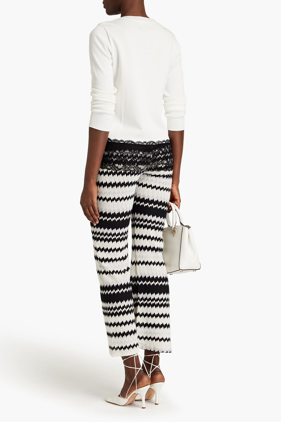 Boutique Moschino Chantilly Lace-paneled Stretch-knit Sweater In Off-white