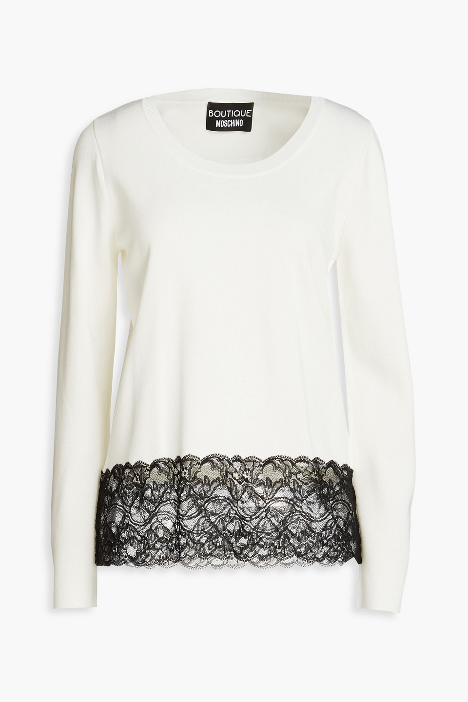 Boutique Moschino Chantilly Lace-paneled Stretch-knit Sweater In Off-white