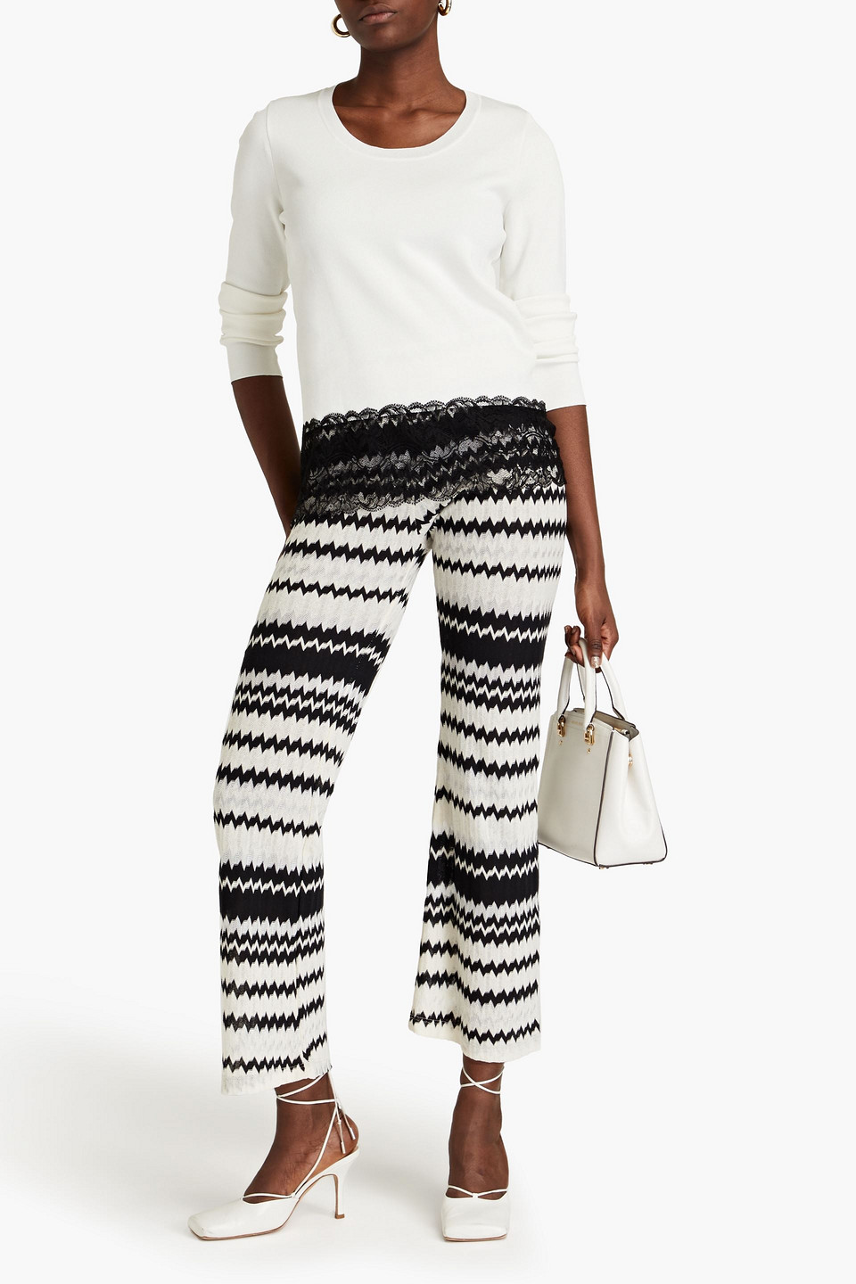 Boutique Moschino Chantilly Lace-paneled Stretch-knit Sweater In Off-white