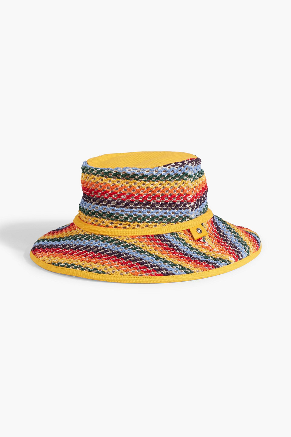 Canvas-trimmed striped crocheted bucket hat