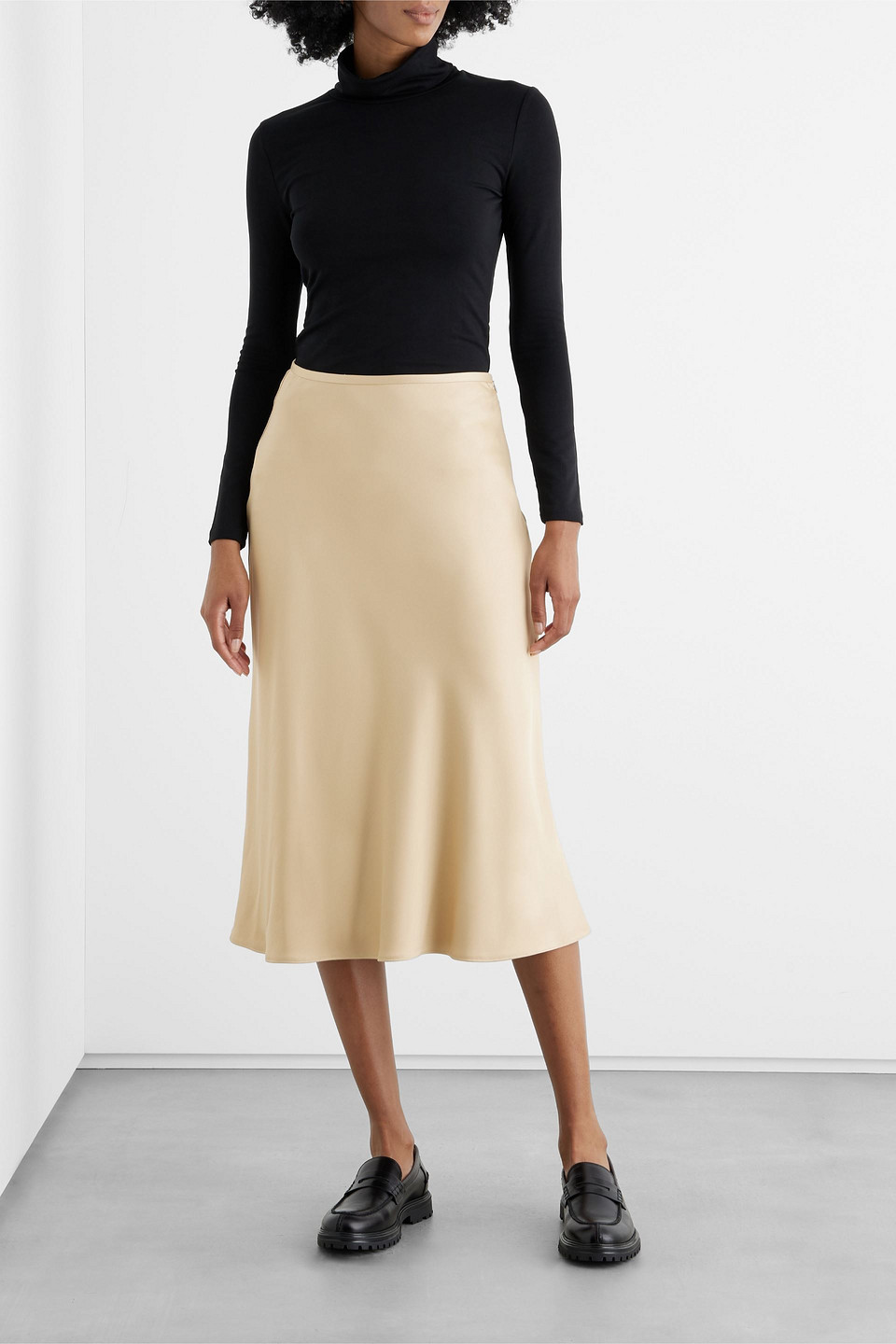 Shop Iris & Ink Margot Satin-crepe Midi Skirt In Sand