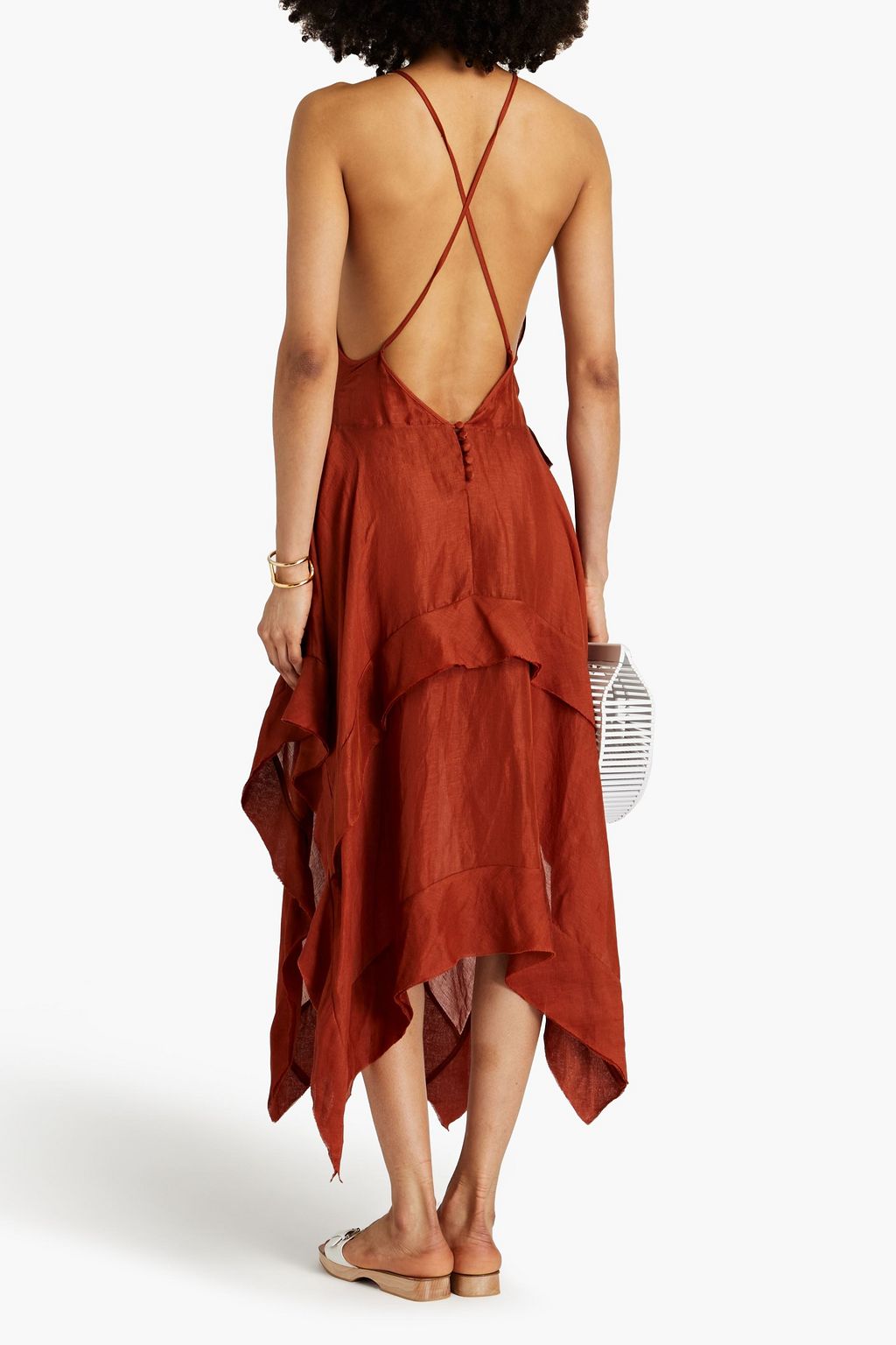 CULT GAIA Asymmetric tiered linen and silk-blend midi dress