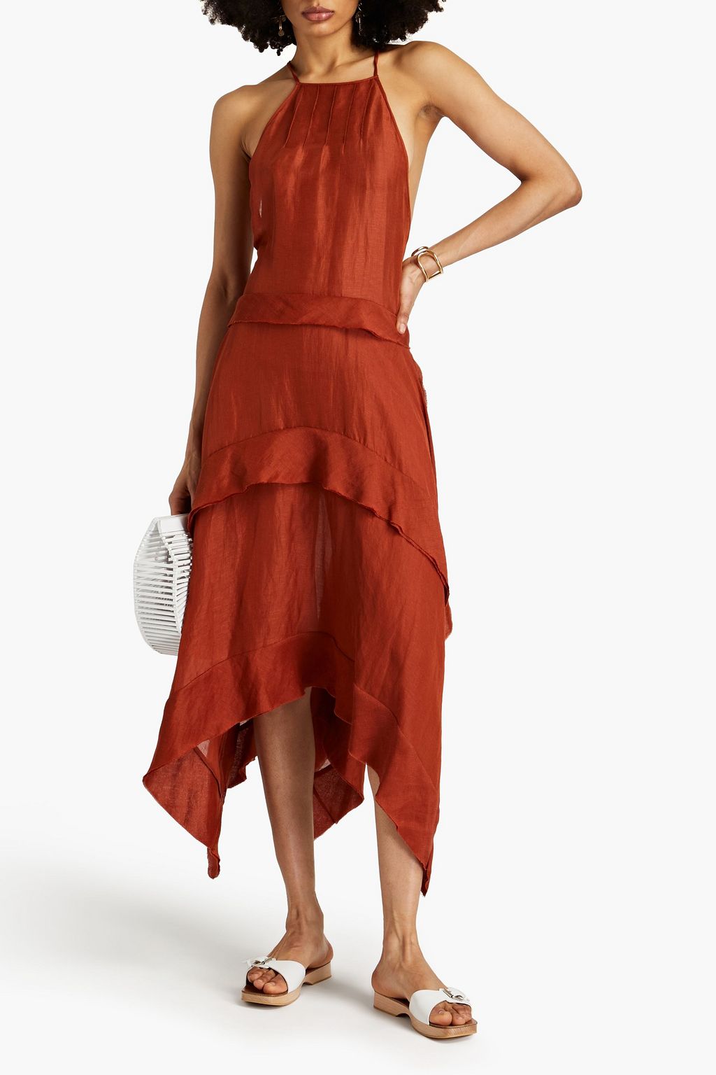CULT GAIA Asymmetric tiered linen and silk-blend midi dress