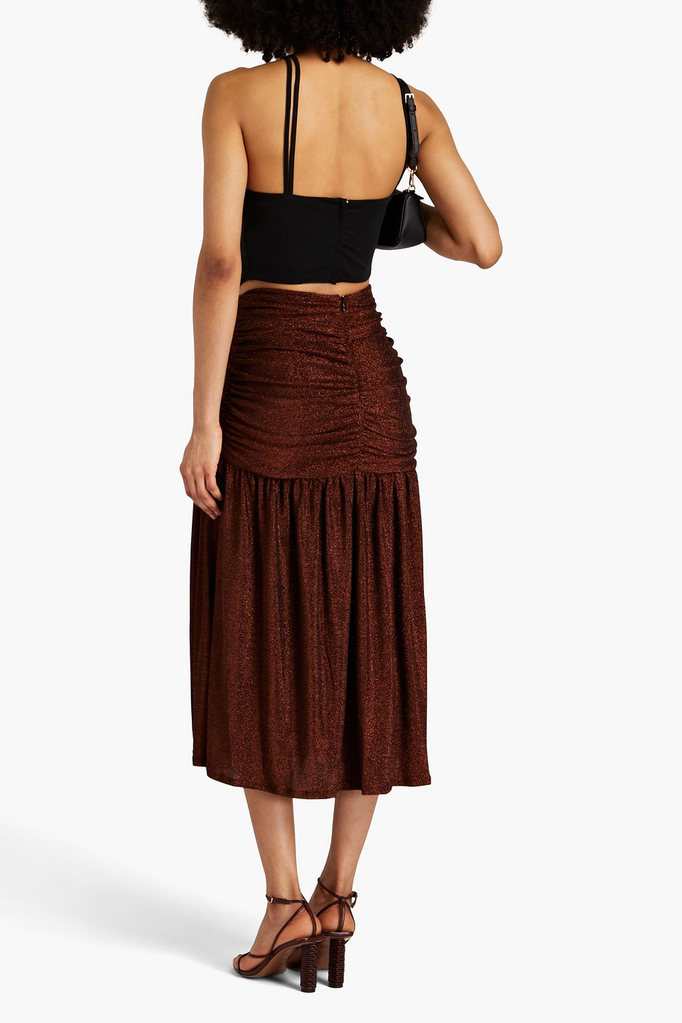 Nicholas Jayde Ruched Lurex-jersey Midi Skirt In Copper