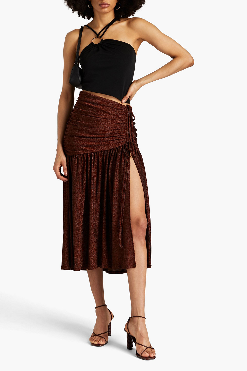 Shop Nicholas Jayde Ruched Metallic Jersey Midi Skirt In Copper