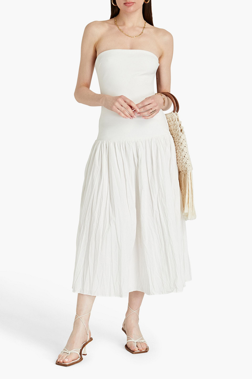 Shop Nicholas Jaxon Strapless Cotton-jersey And Poplin Midi Dress In White