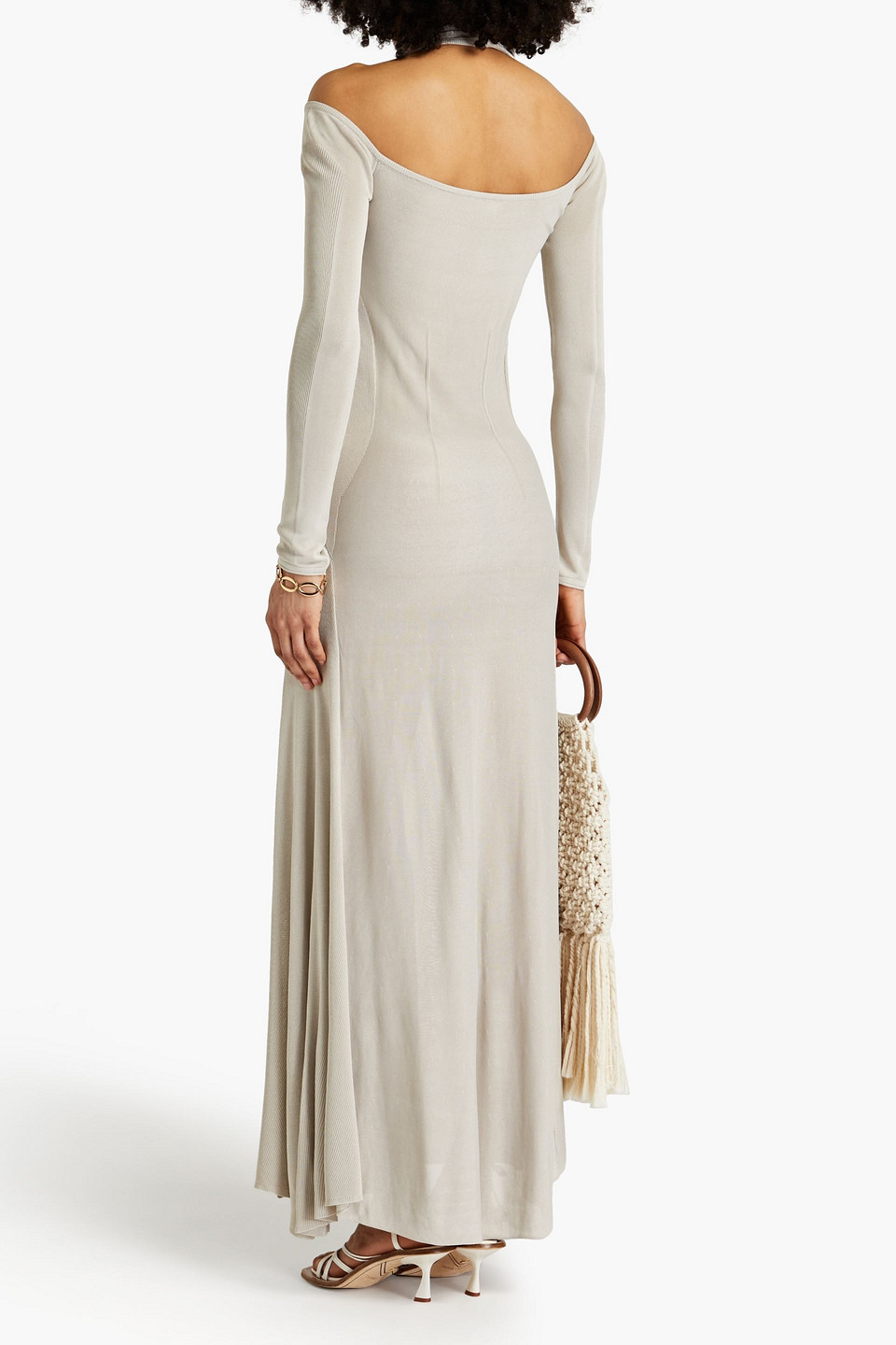 Shop Jacquemus Lagoa Cold-shoulder Knitted Halterneck Maxi Dress In Light Gray