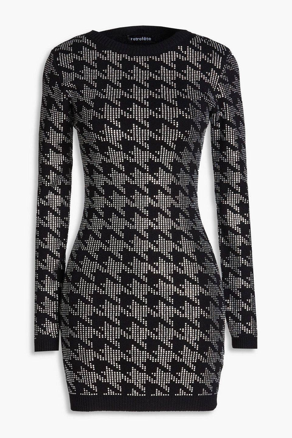 Shop Retroféte Leanna Embellished Houndstooth Cotton And Cashmere-blend Mini Dress In Black