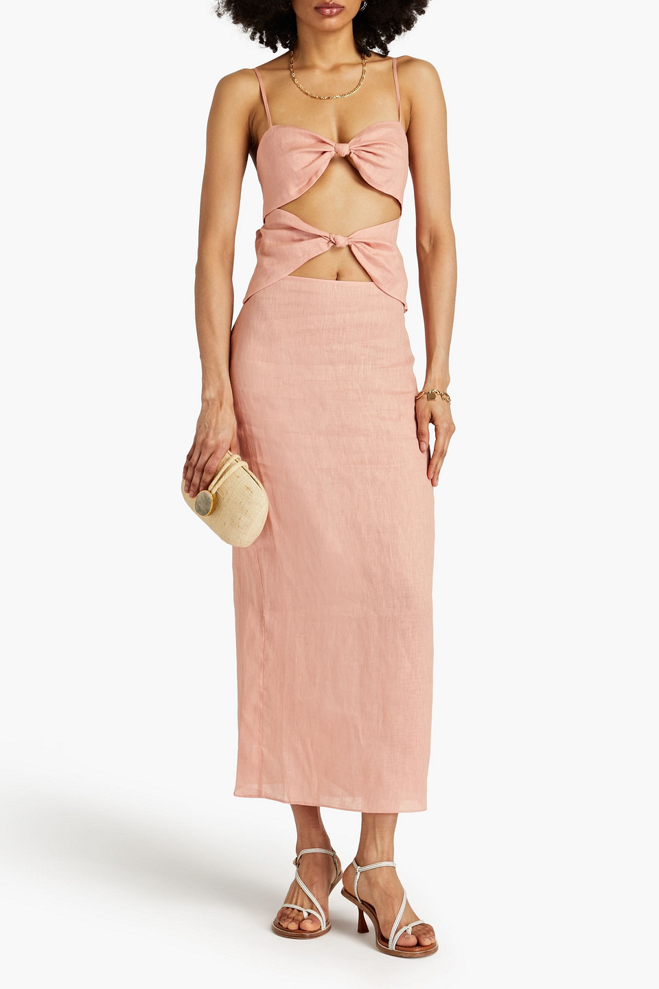 Shop Ronny Kobo Knotted Cutout Linen Maxi Dress In Peach