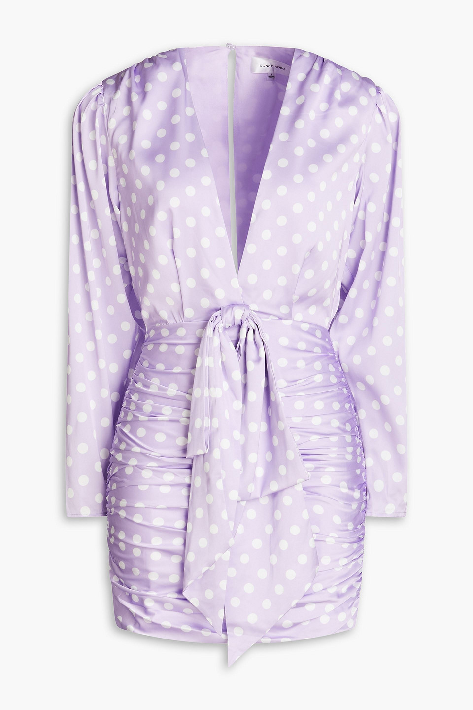 Ronny Kobo Lyric Ruched Polka-dot Satin Mini Dress In Lilac