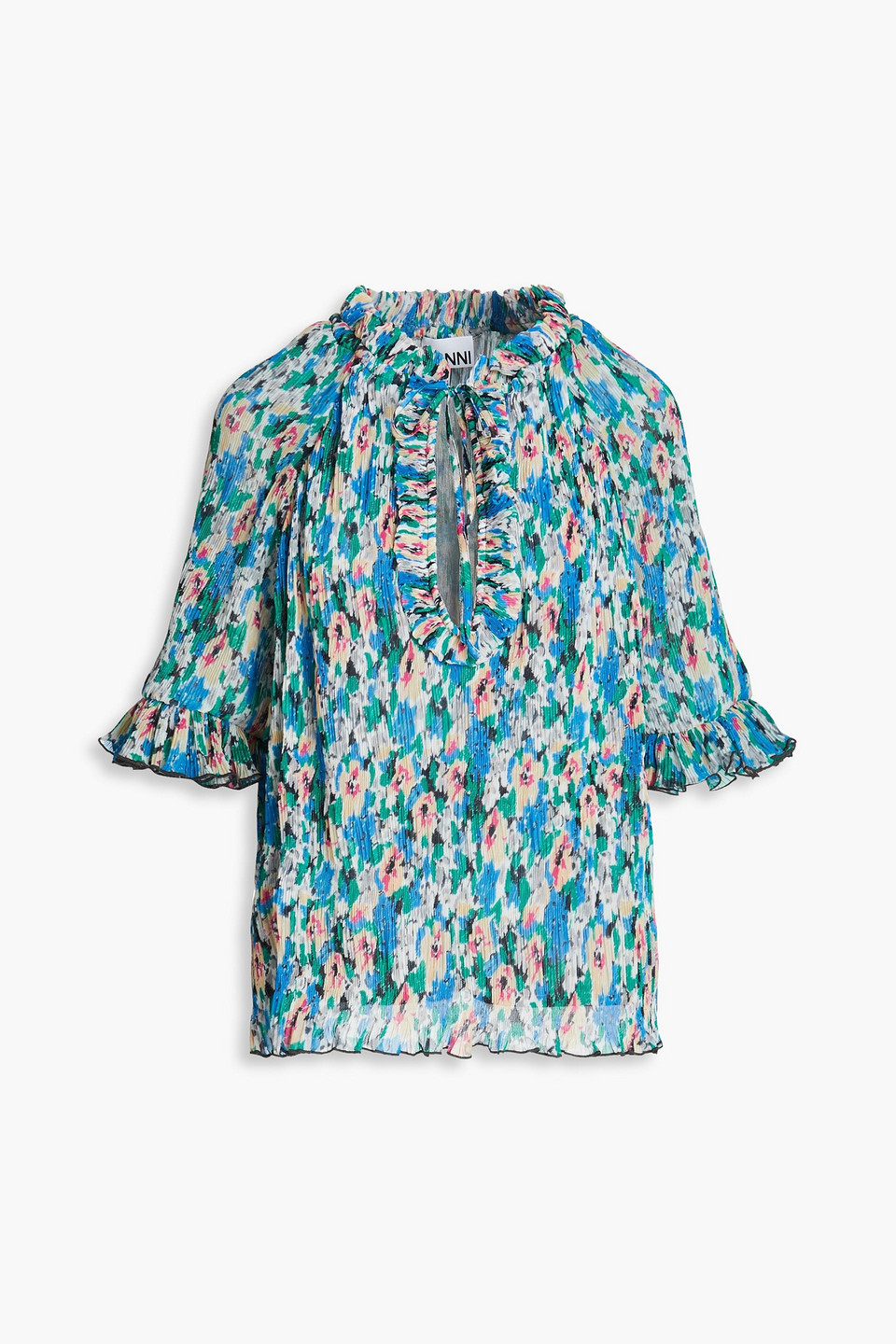 ganni - ruffle-trimmed floral-print plissé-georgette top - multicolor - eu 40