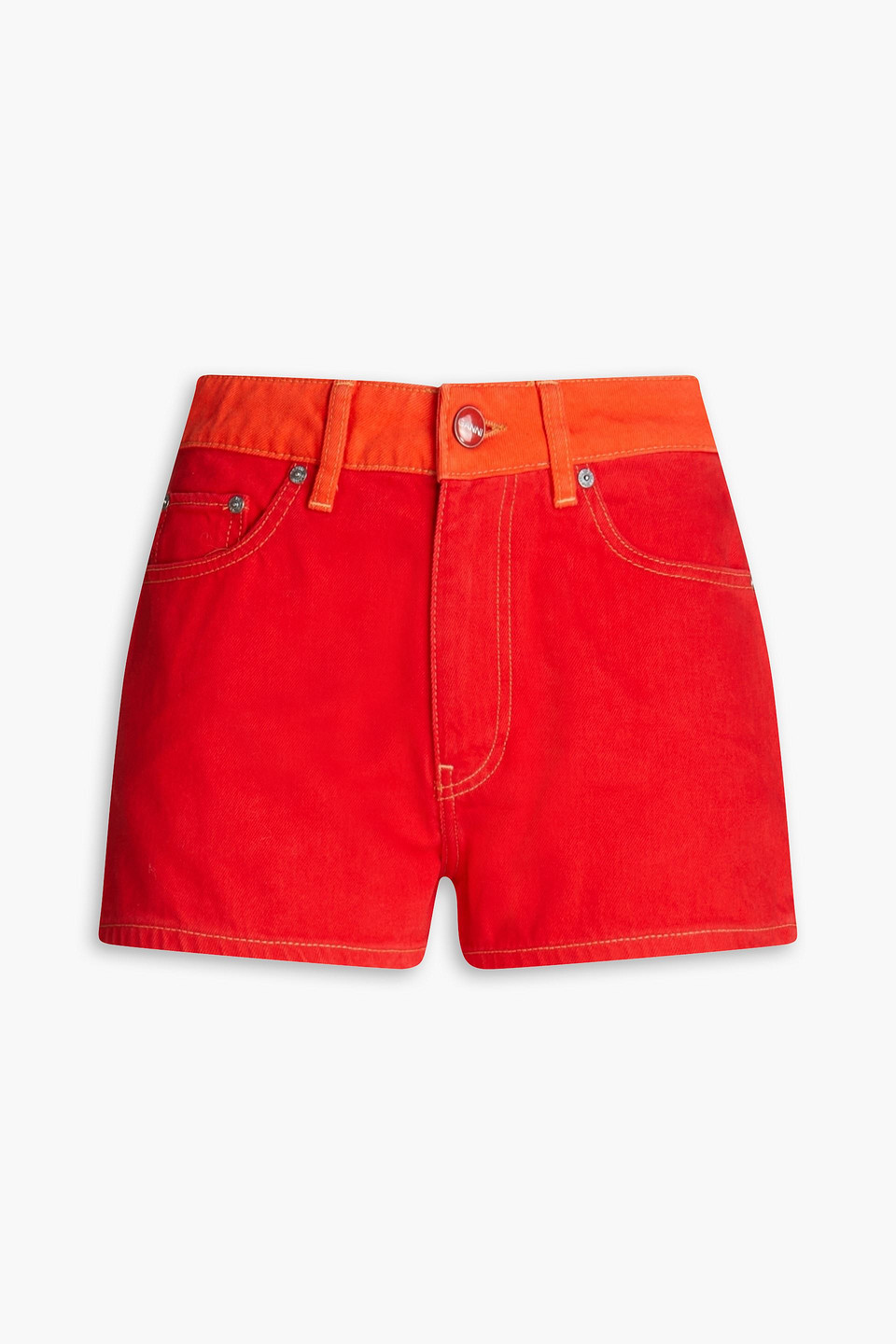 Shop Ganni Two-tone Denim Shorts In Red